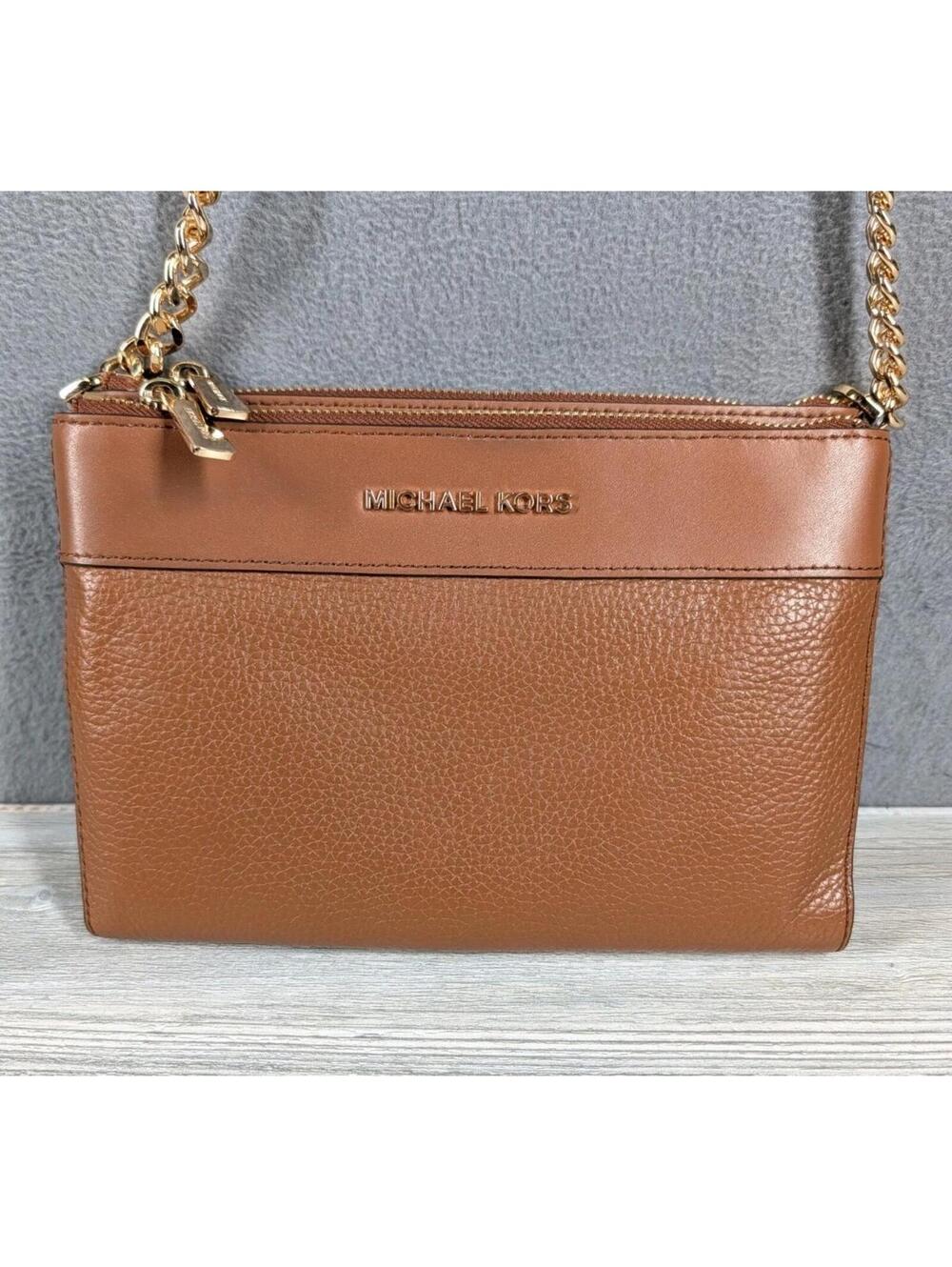 Michael Kors Brown Leather Crossbody Wallet Purse Chain Strap Organizer Bag